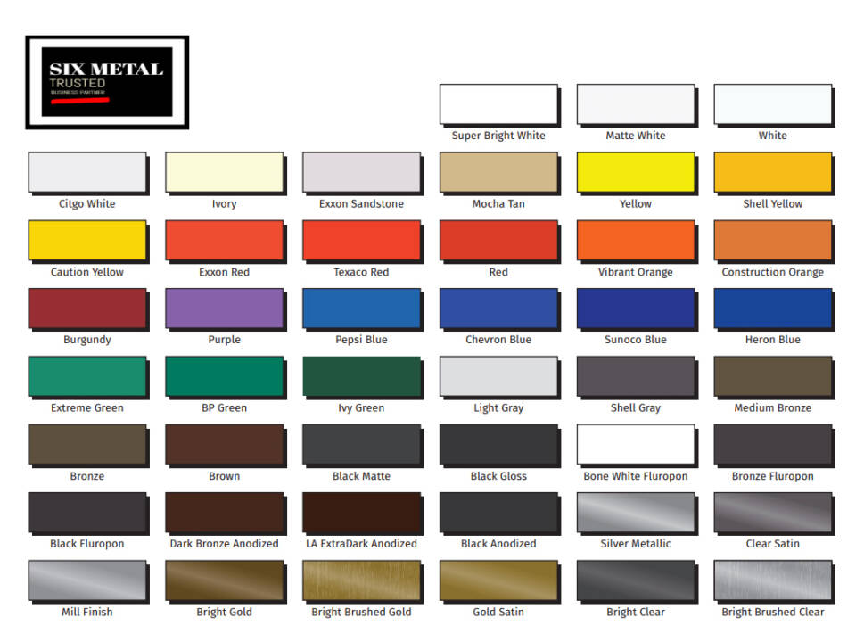 sixmetal aluminium profiles color chart